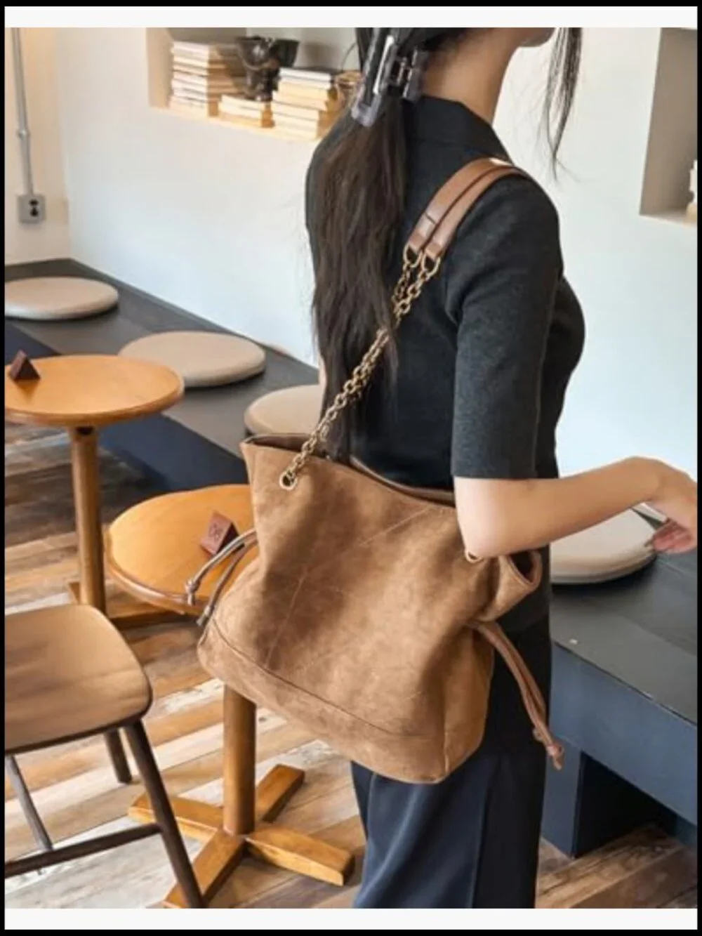 Faux Suede Hobo Shoulder Bag for Women Large Tote Handbag Chain Strap